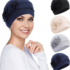 Chemo Headwear Women Turbans Beanie Hat Hair Wraps with Flower Design 4-Pack